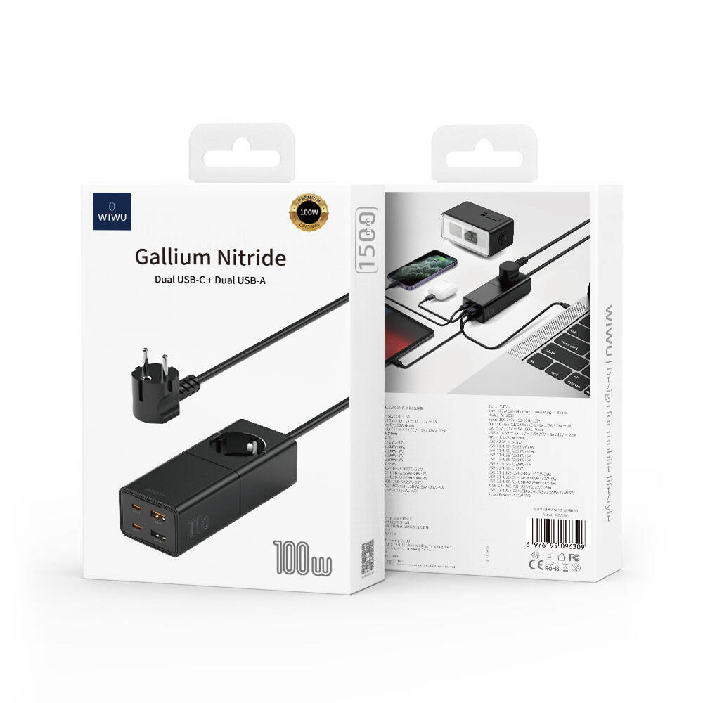 Wiwu S004 GaN Tech 2 Type-C ve 2 USB-A Priz 100W 150cm