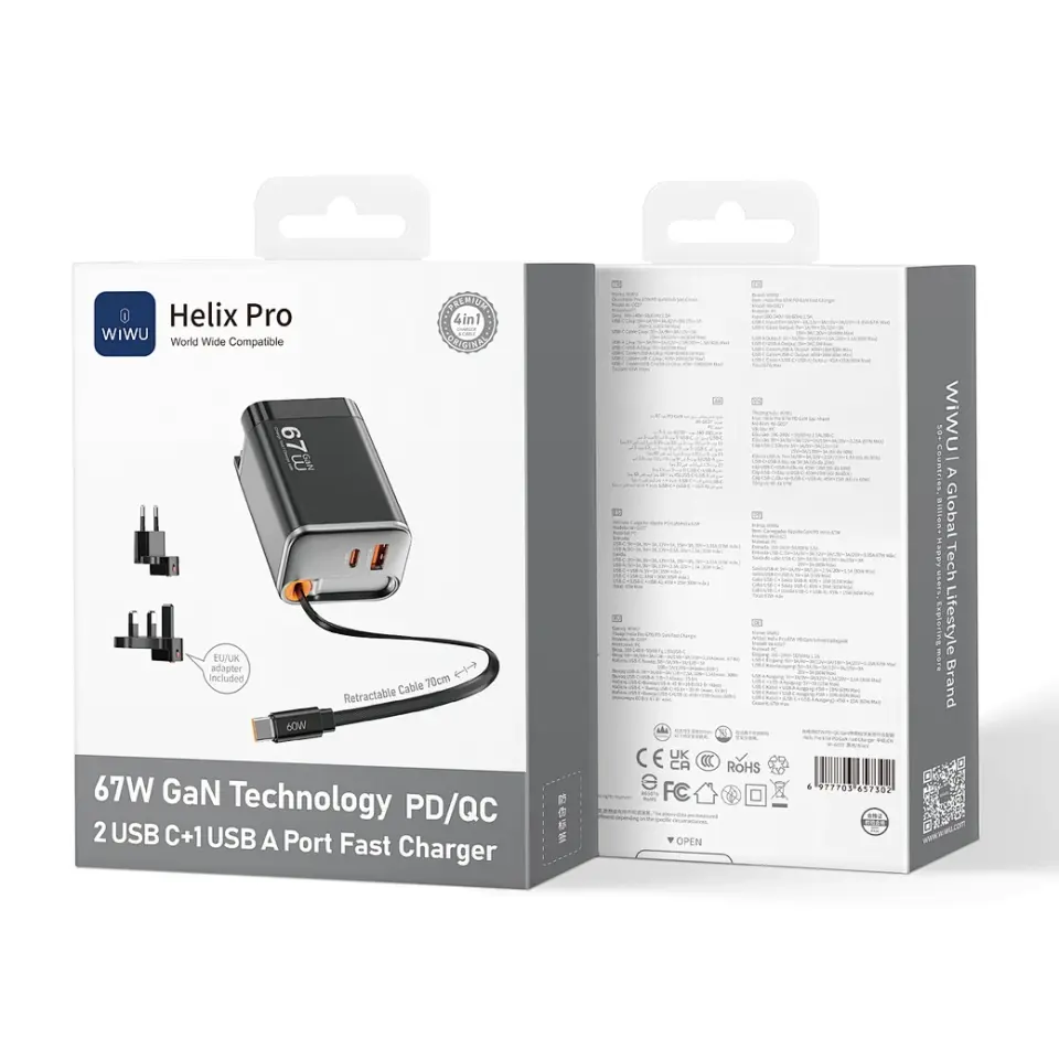 Wiwu Helix Pro 67W Gan Hızlı Şarj PD/QC 2USB C+1 USB A