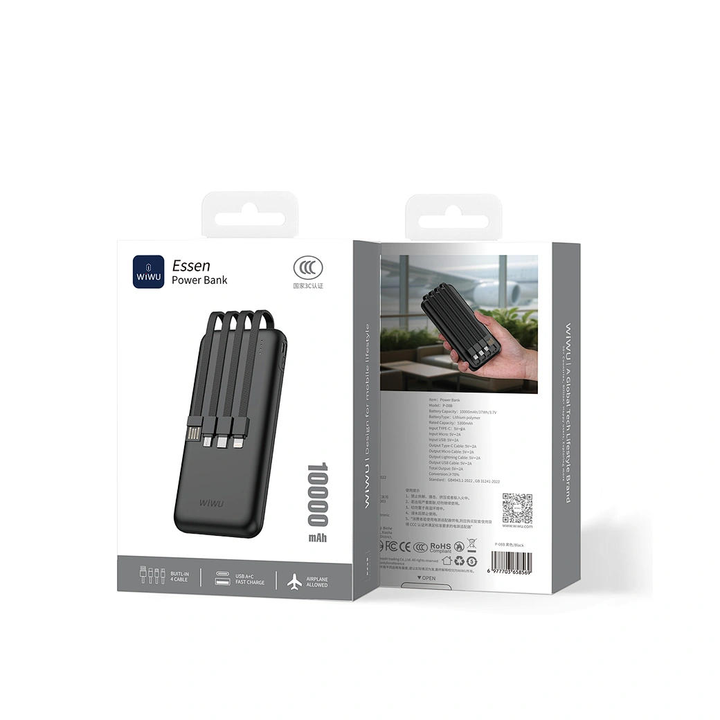 Wiwu Essen Serisi Kablolu 10000mAh Powerbank Siyah