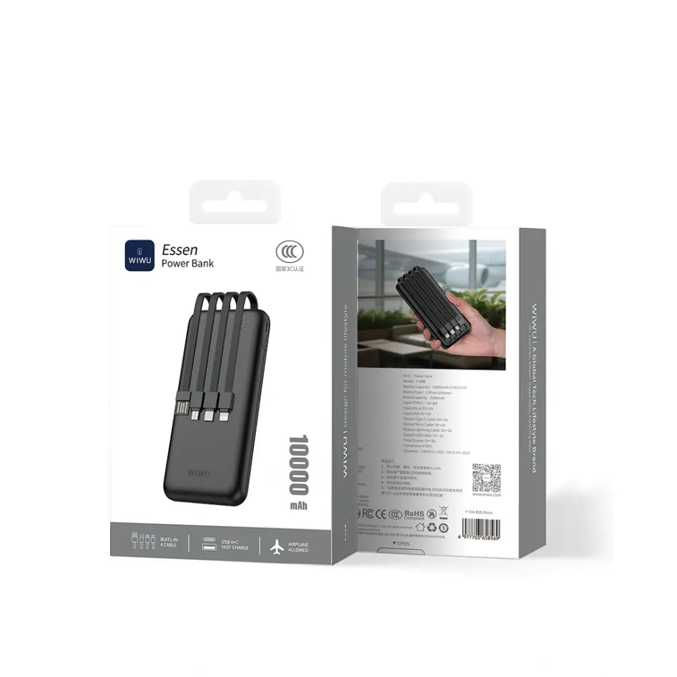 Wiwu Essen Serisi Kablolu 10000mAh Powerbank Siyah